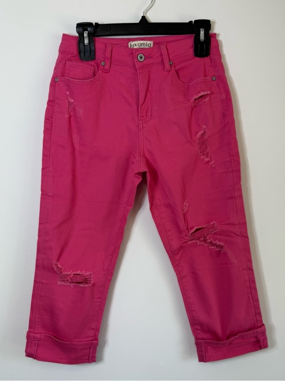NWT luvamia Hot Pink Distressed Capri Jeans Ripped Cropped Denim Barbiecore Sm